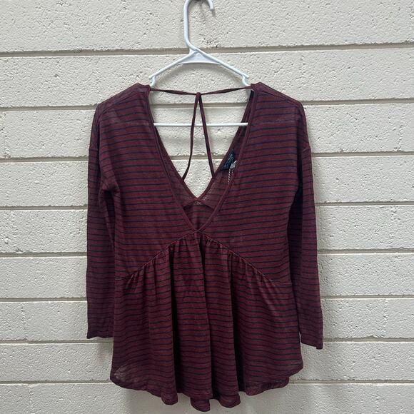 Lucky Brand Linen Striped Burgundy Top size X S NWT - Picture 2 of 9